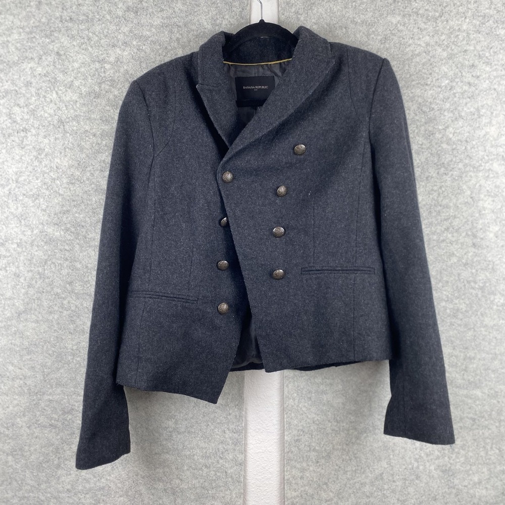 Banana Republic Jacket Womens 14 Gray Wool Military Double Breasted Lined Blazer